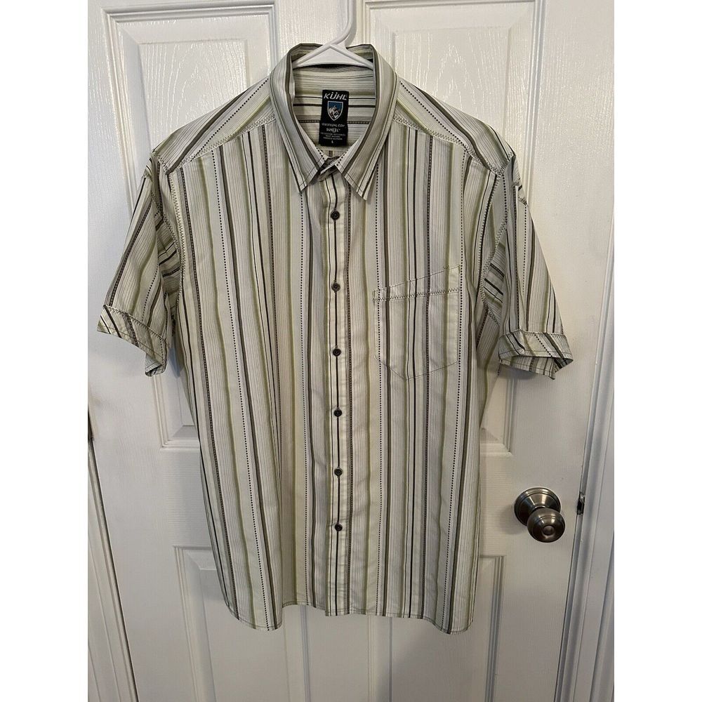 Kuhl Suncel Shirt Men's L White Green Stripe Button Up Short Sleeve